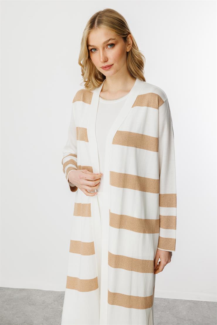 Çizgili Uzun Yazlık Triko Hırka-Ekru - Gold