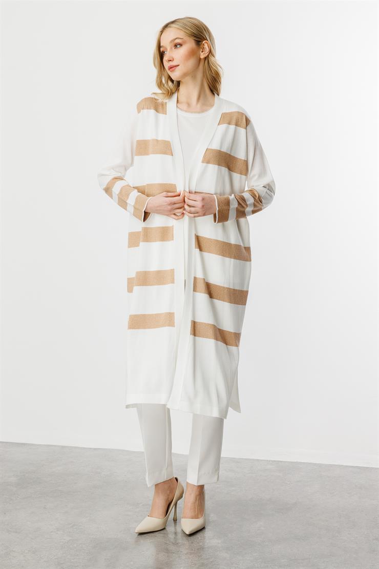 Çizgili Uzun Yazlık Triko Hırka-Ekru - Gold