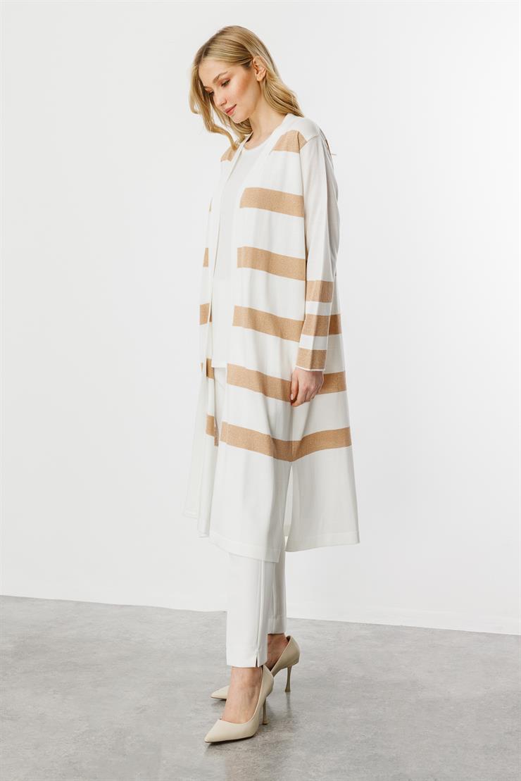 Çizgili Uzun Yazlık Triko Hırka-Ekru - Gold