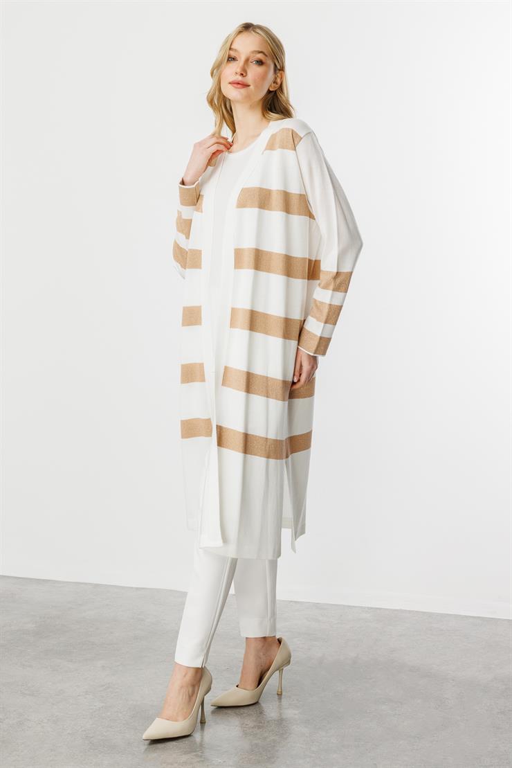 Çizgili Uzun Yazlık Triko Hırka-Ekru - Gold