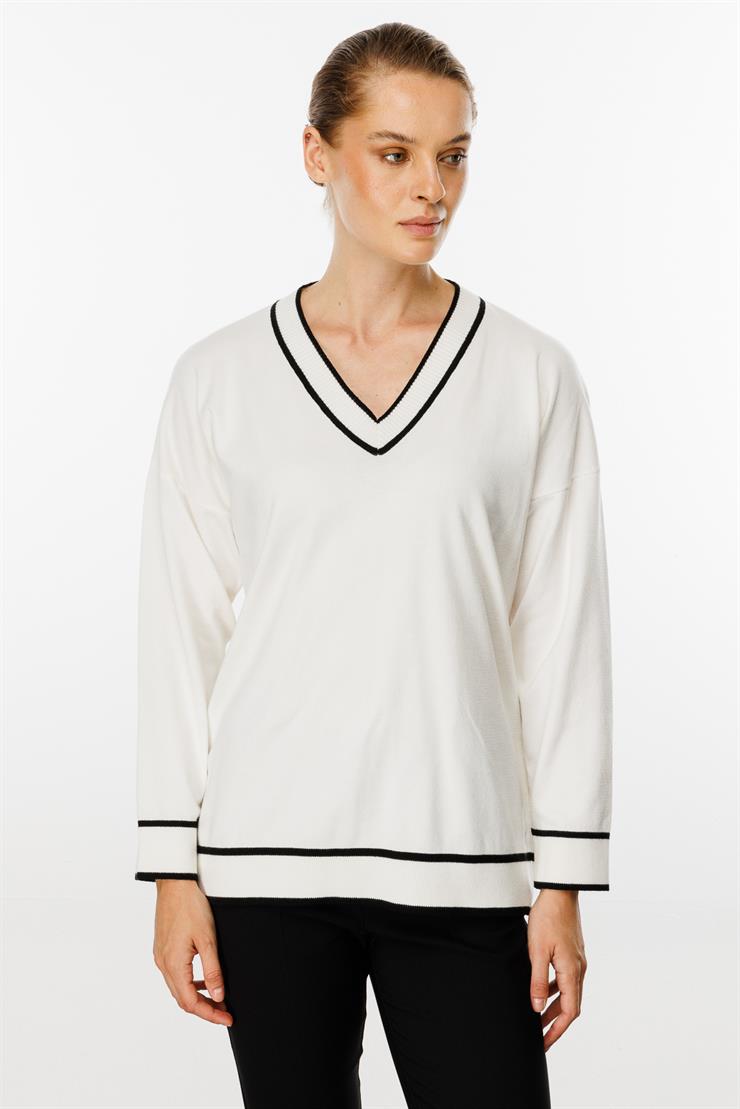 Çizgili V Yaka Triko Bluz-EKRU