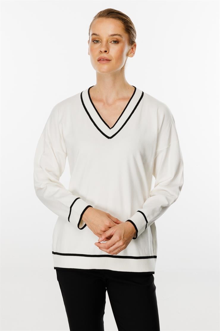 Çizgili V Yaka Triko Bluz-EKRU