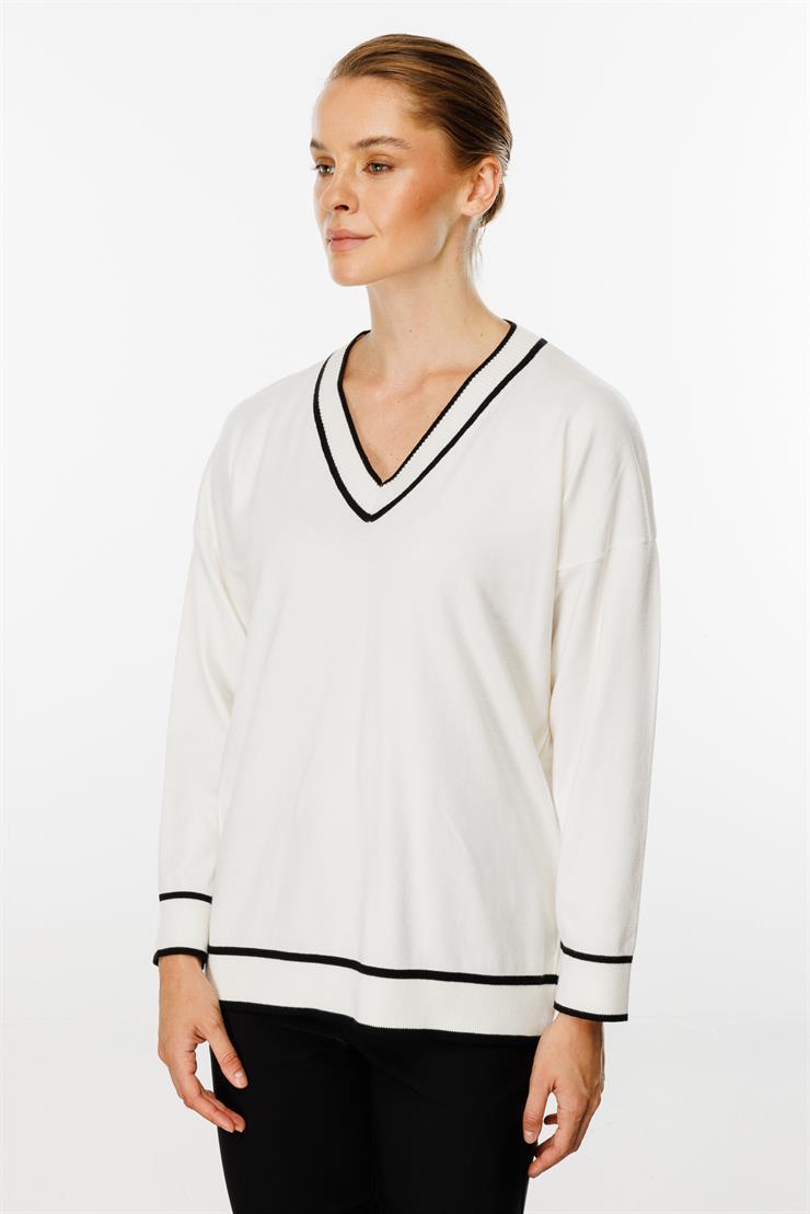 Çizgili V Yaka Triko Bluz-EKRU