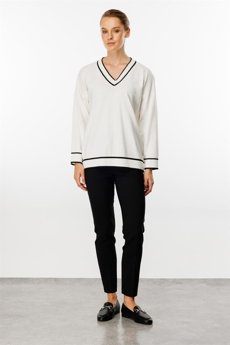 Çizgili V Yaka Triko Bluz-EKRU