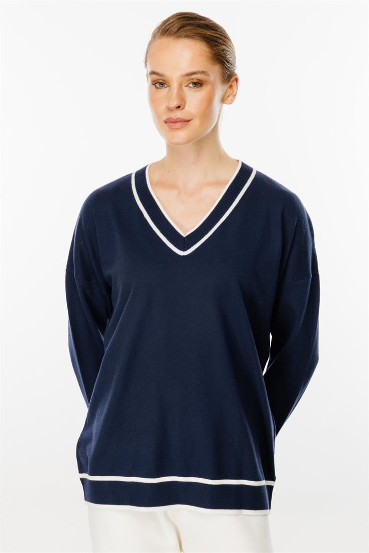 Çizgili V Yaka Triko Bluz-LACİVERT