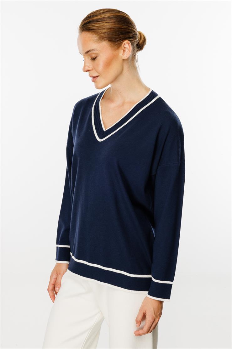 Çizgili V Yaka Triko Bluz-LACİVERT