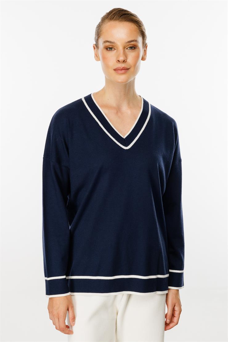 Çizgili V Yaka Triko Bluz-LACİVERT