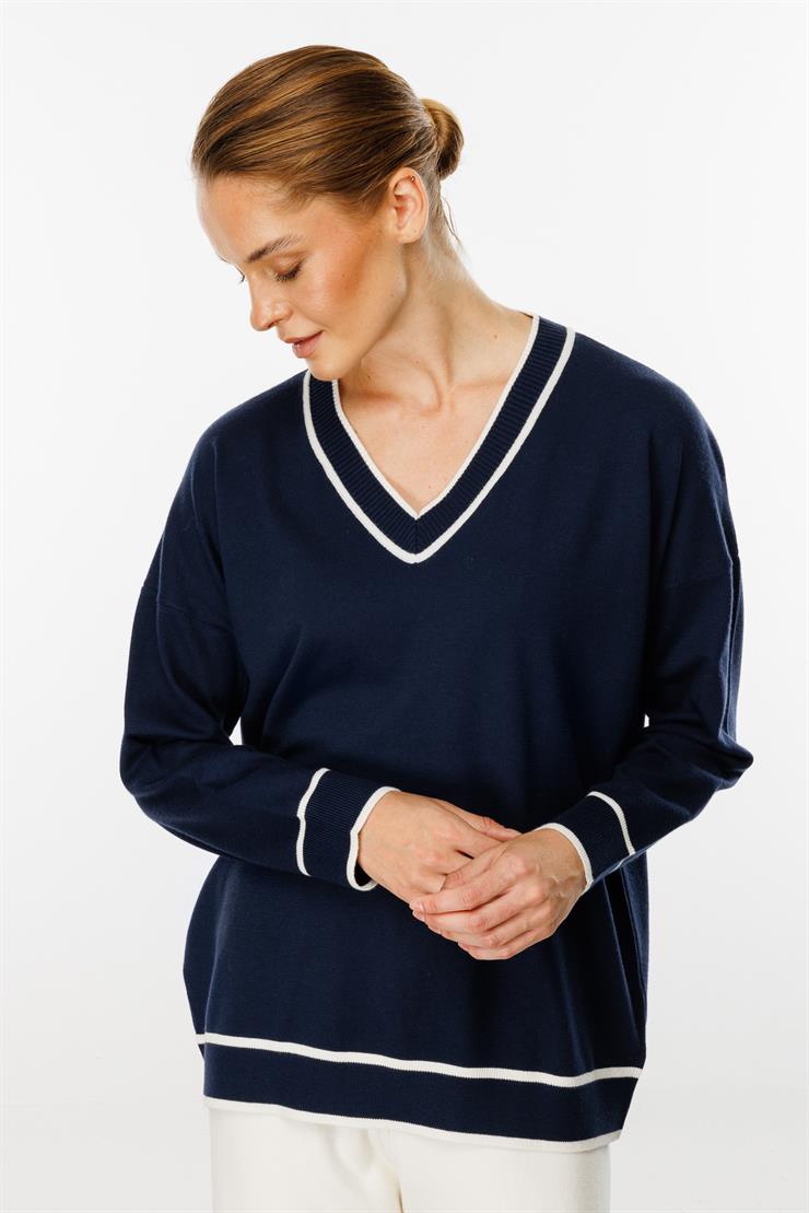 Çizgili V Yaka Triko Bluz-LACİVERT