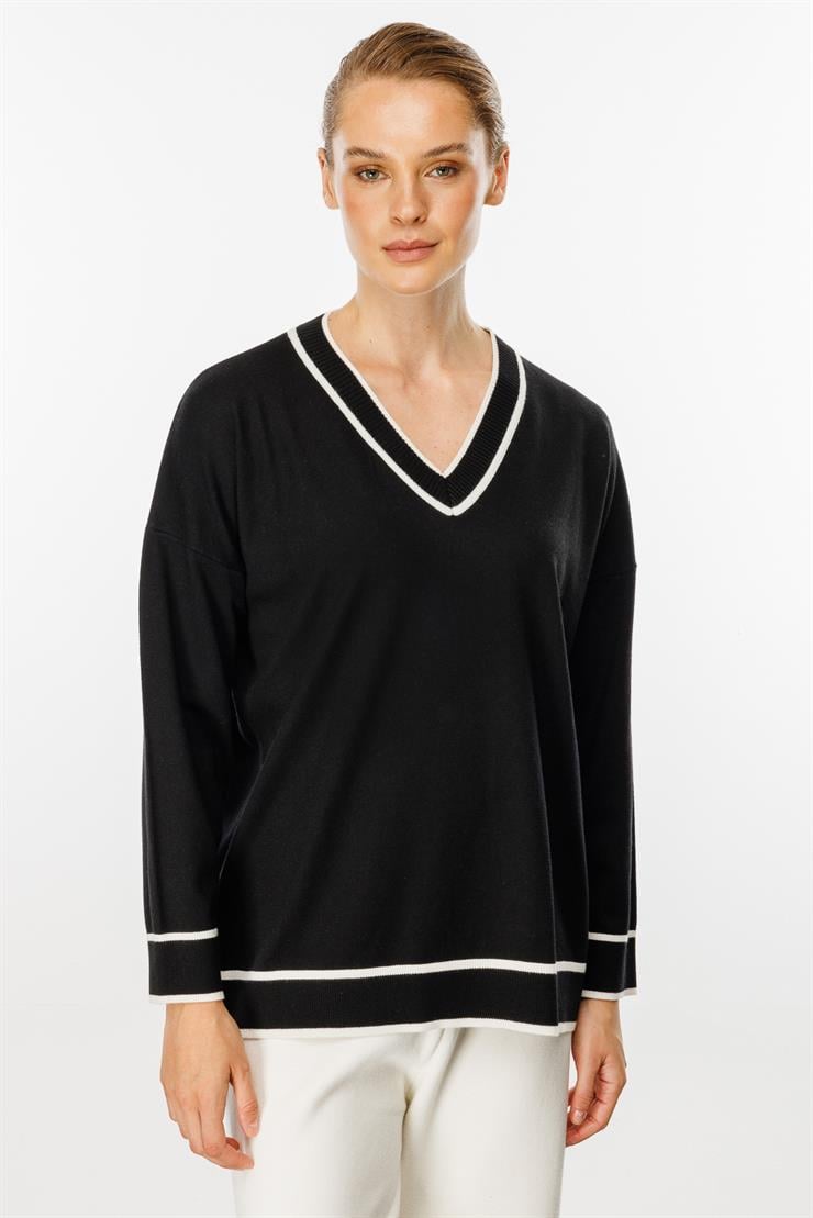 Çizgili V Yaka Triko Bluz-SİYAH