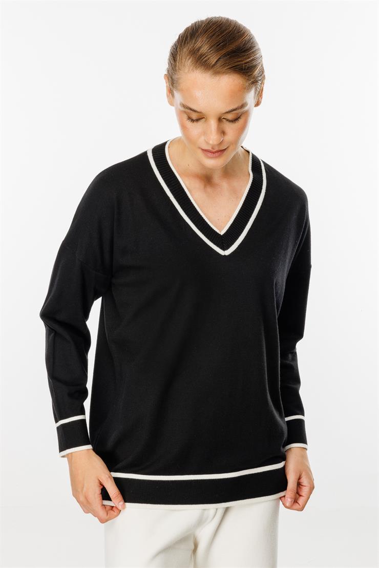 Çizgili V Yaka Triko Bluz-SİYAH
