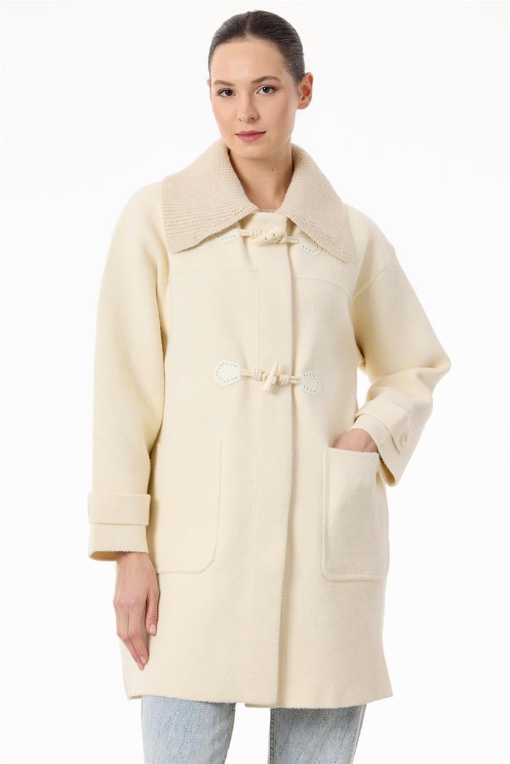 Çoban Düğme Detaylı Triko Kaban EKRU