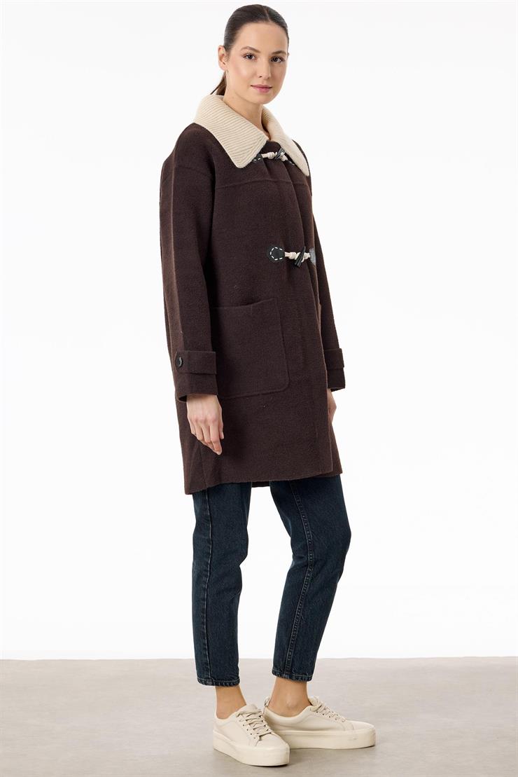 Çoban Düğme Detaylı Triko Kaban KAHVE