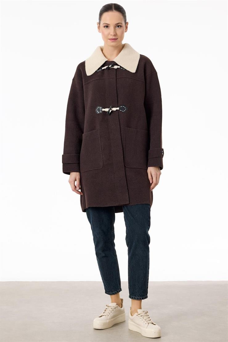 Çoban Düğme Detaylı Triko Kaban KAHVE