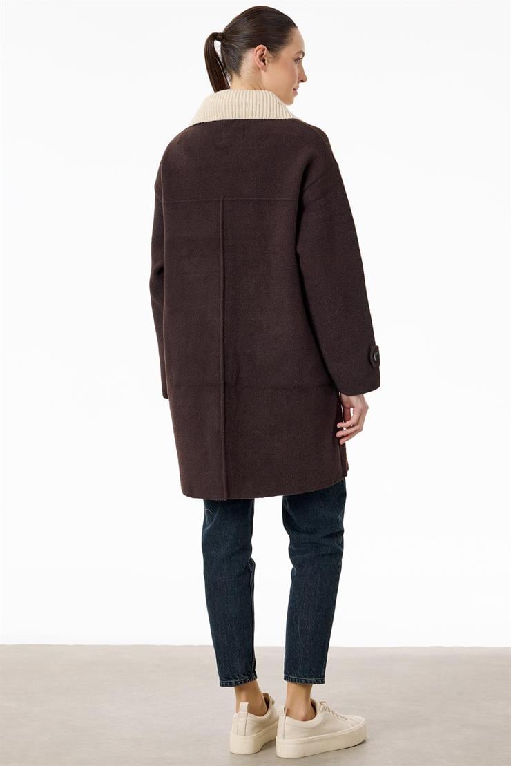 Çoban Düğme Detaylı Triko Kaban KAHVE