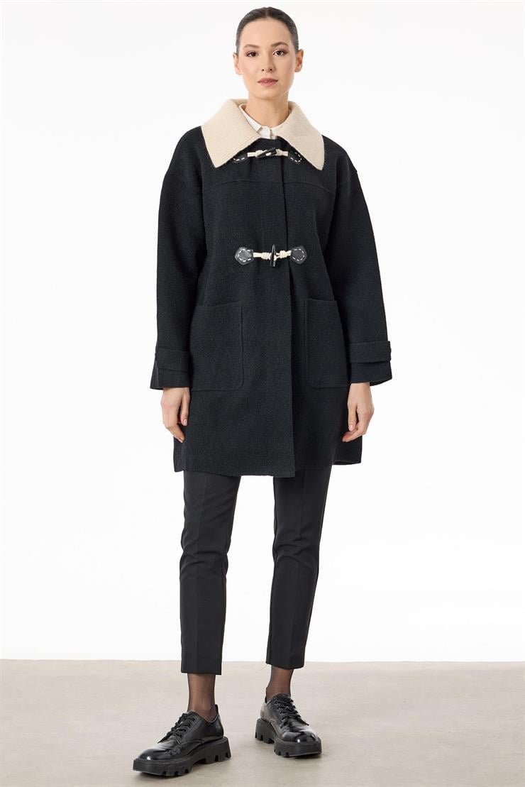 Çoban Düğme Detaylı Triko Kaban SİYAH