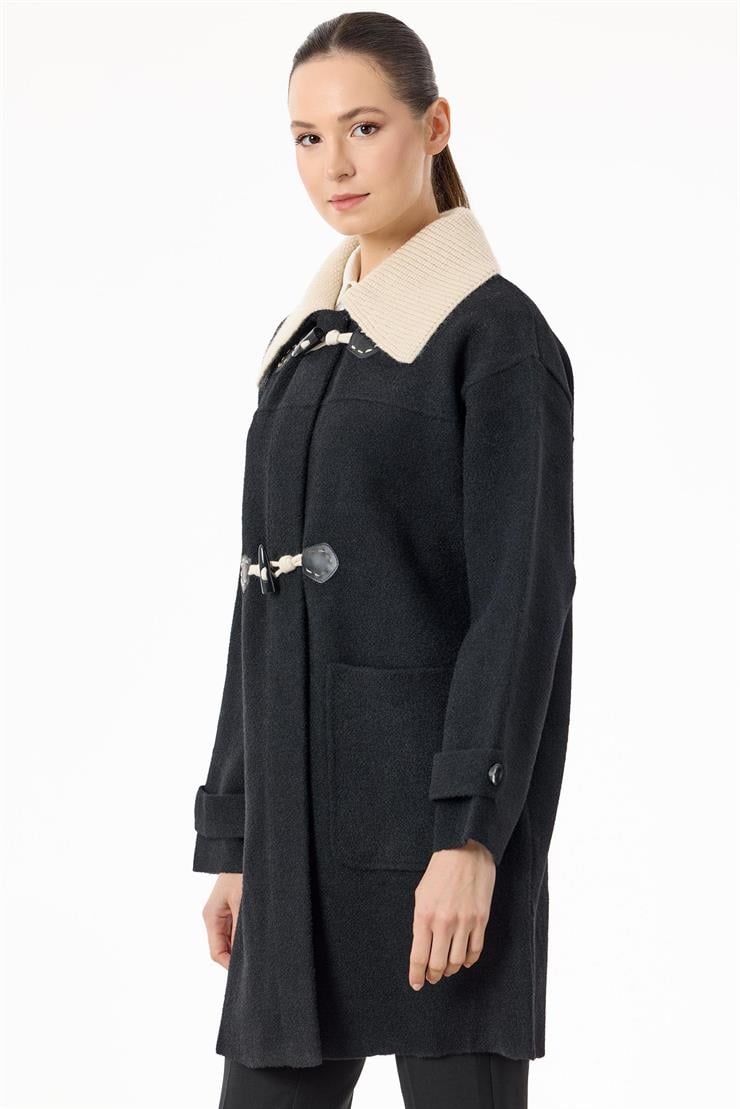 Çoban Düğme Detaylı Triko Kaban SİYAH