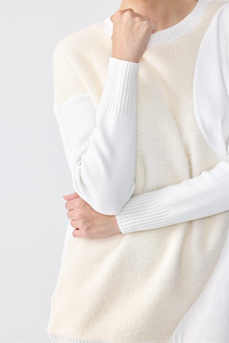 DERİ DETAYLI TRİKO TUNİK EKRU