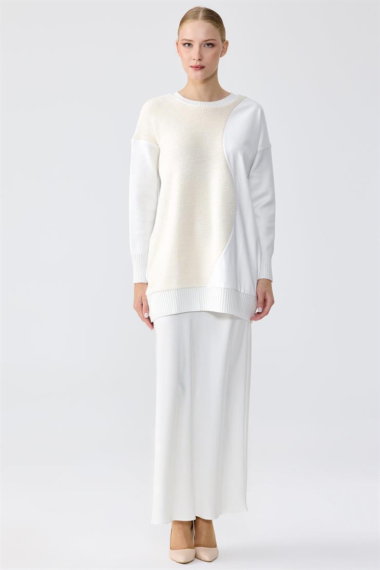 DERİ DETAYLI TRİKO TUNİK EKRU