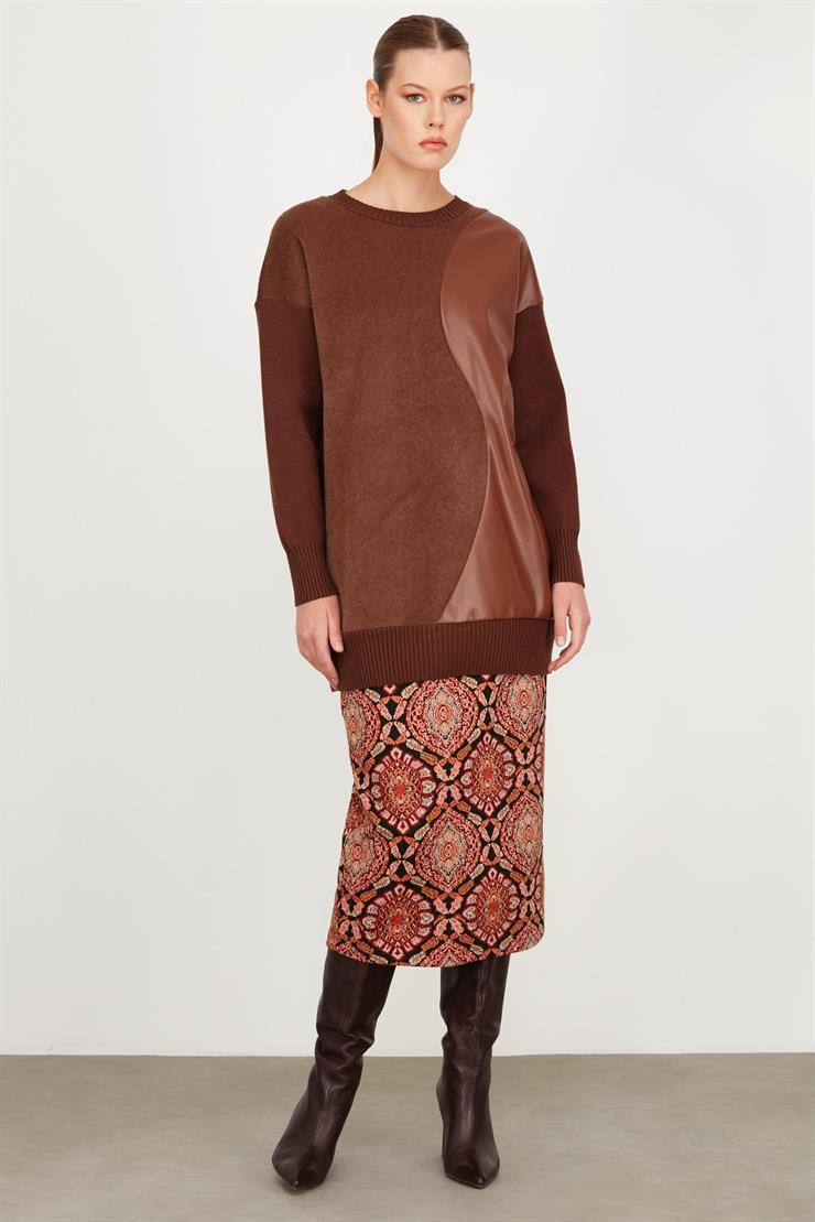 DERİ DETAYLI TRİKO TUNİK KAHVE