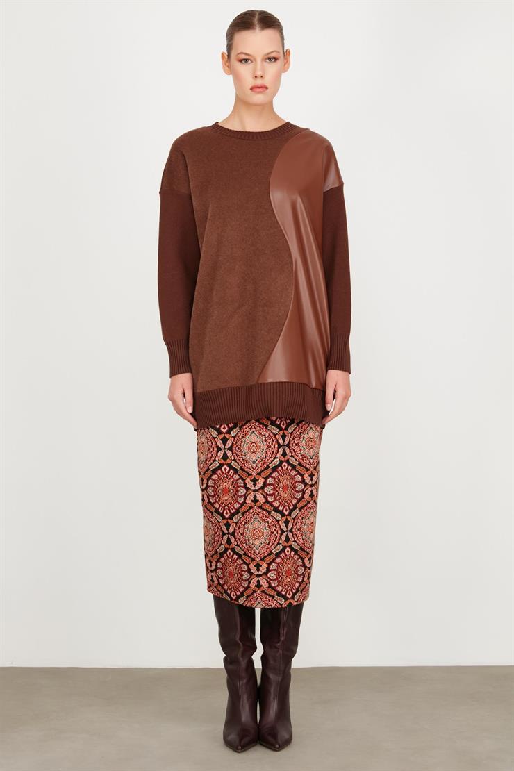 DERİ DETAYLI TRİKO TUNİK KAHVE