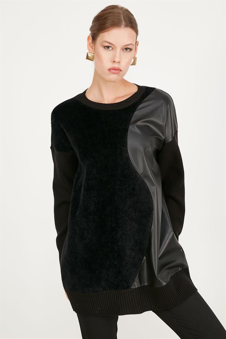 DERİ DETAYLI TRİKO TUNİK SİYAH