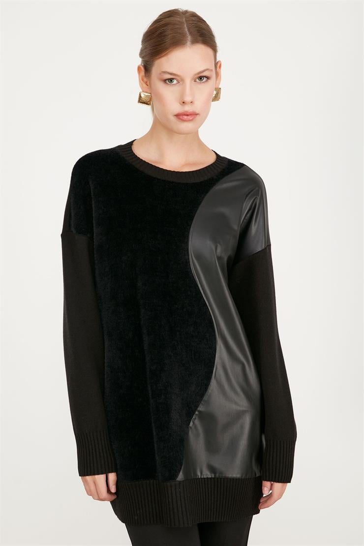 DERİ DETAYLI TRİKO TUNİK SİYAH