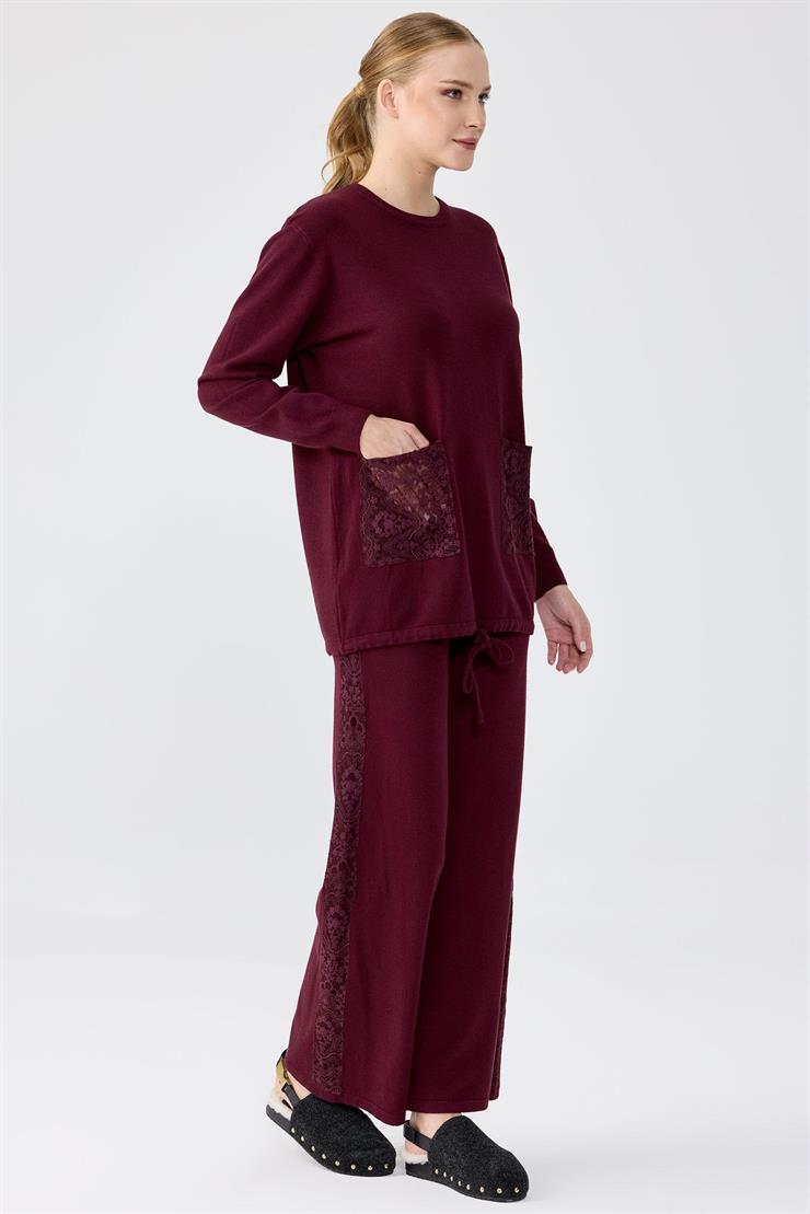 Dantel Detaylı Pantolonlu Triko Takım BORDO
