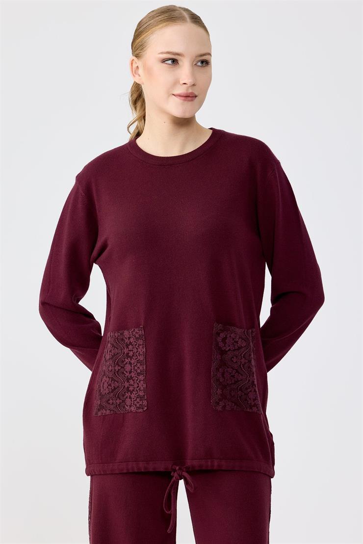 Dantel Detaylı Pantolonlu Triko Takım BORDO