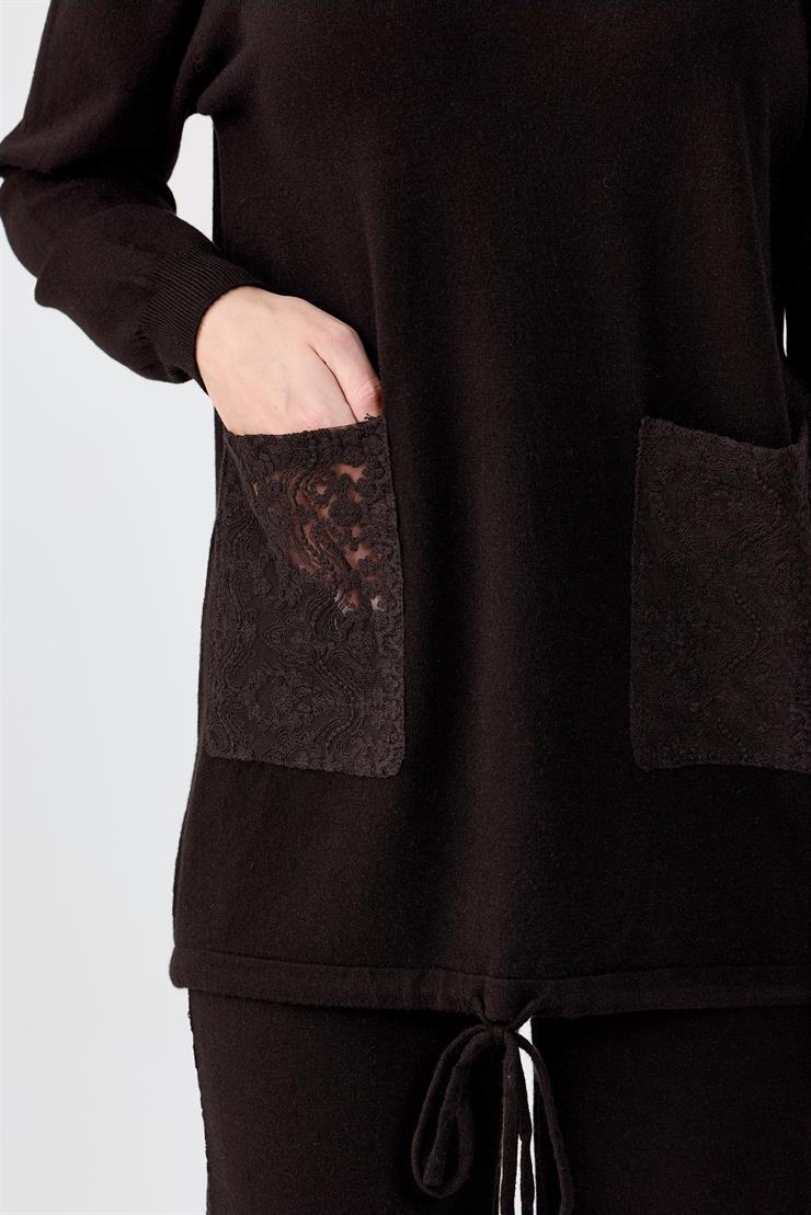 Dantel Detaylı Pantolonlu Triko Takım KAHVE