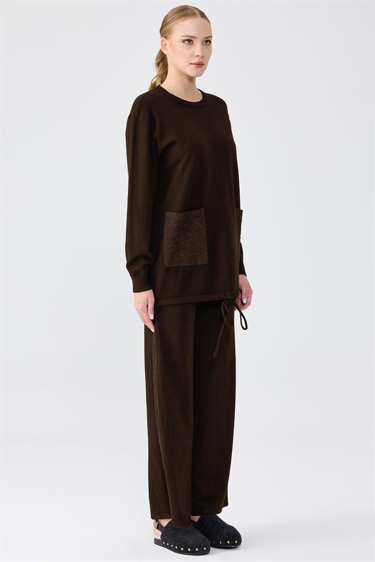 Dantel Detaylı Pantolonlu Triko Takım KAHVE