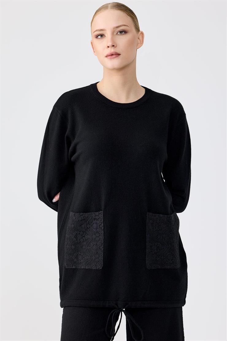 Dantel Detaylı Pantolonlu Triko Takım SİYAH