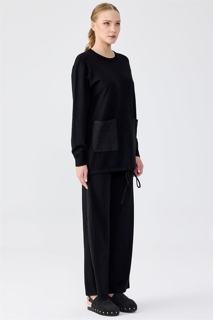 Dantel Detaylı Pantolonlu Triko Takım SİYAH