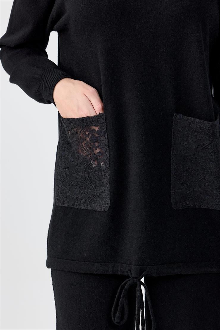 Dantel Detaylı Pantolonlu Triko Takım SİYAH