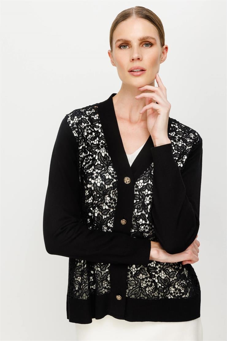 Dantel Kombinli Triko Hırka-SİYAH