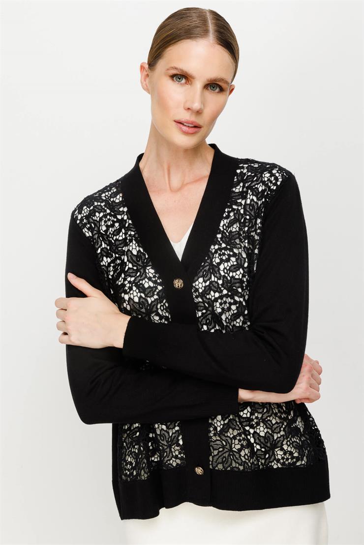 Dantel Kombinli Triko Hırka-SİYAH