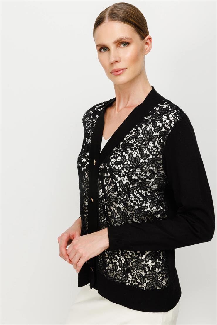 Dantel Kombinli Triko Hırka-SİYAH