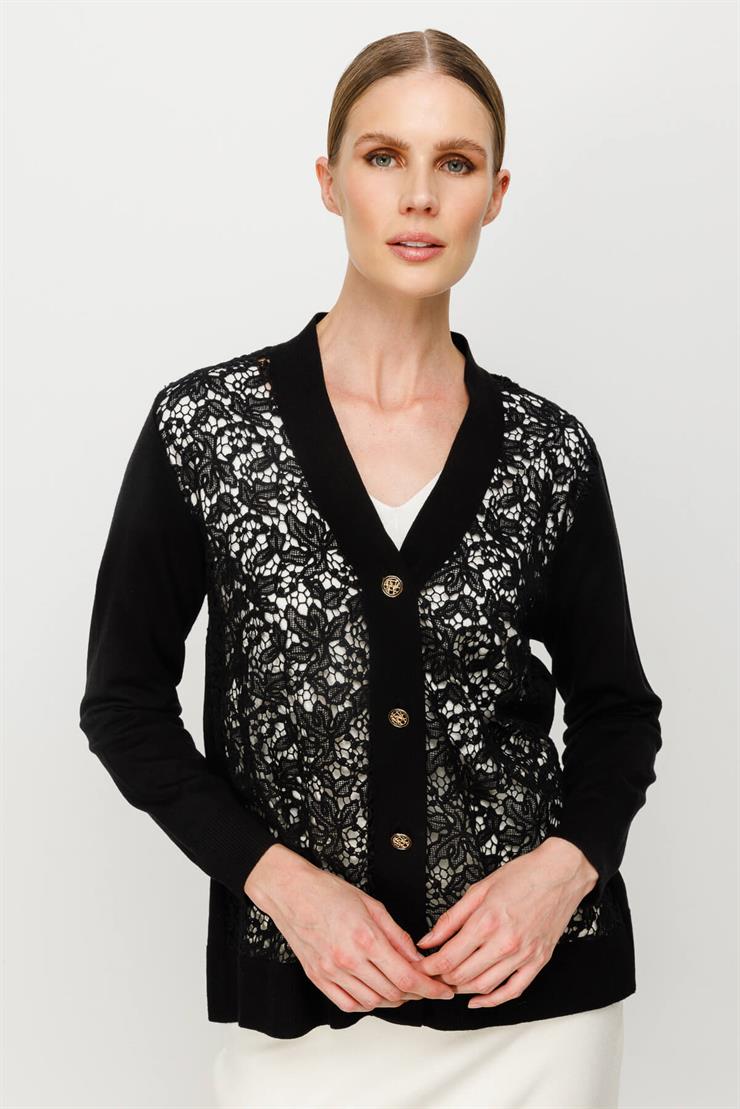 Dantel Kombinli Triko Hırka-SİYAH