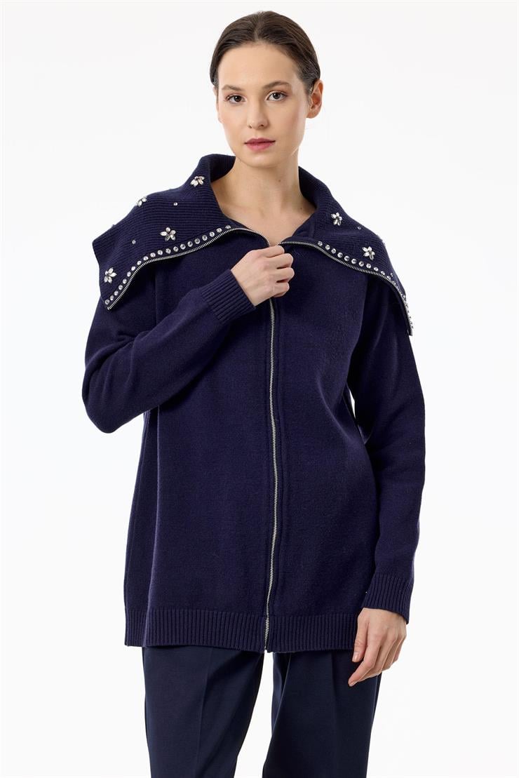 Denizci Yaka Önden Fermuarlı Dikme Taşlı Hırka LACİVERT