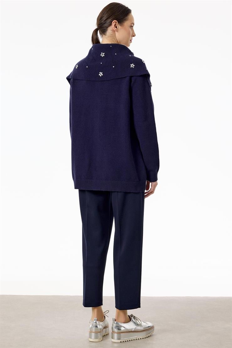 Denizci Yaka Önden Fermuarlı Dikme Taşlı Hırka LACİVERT