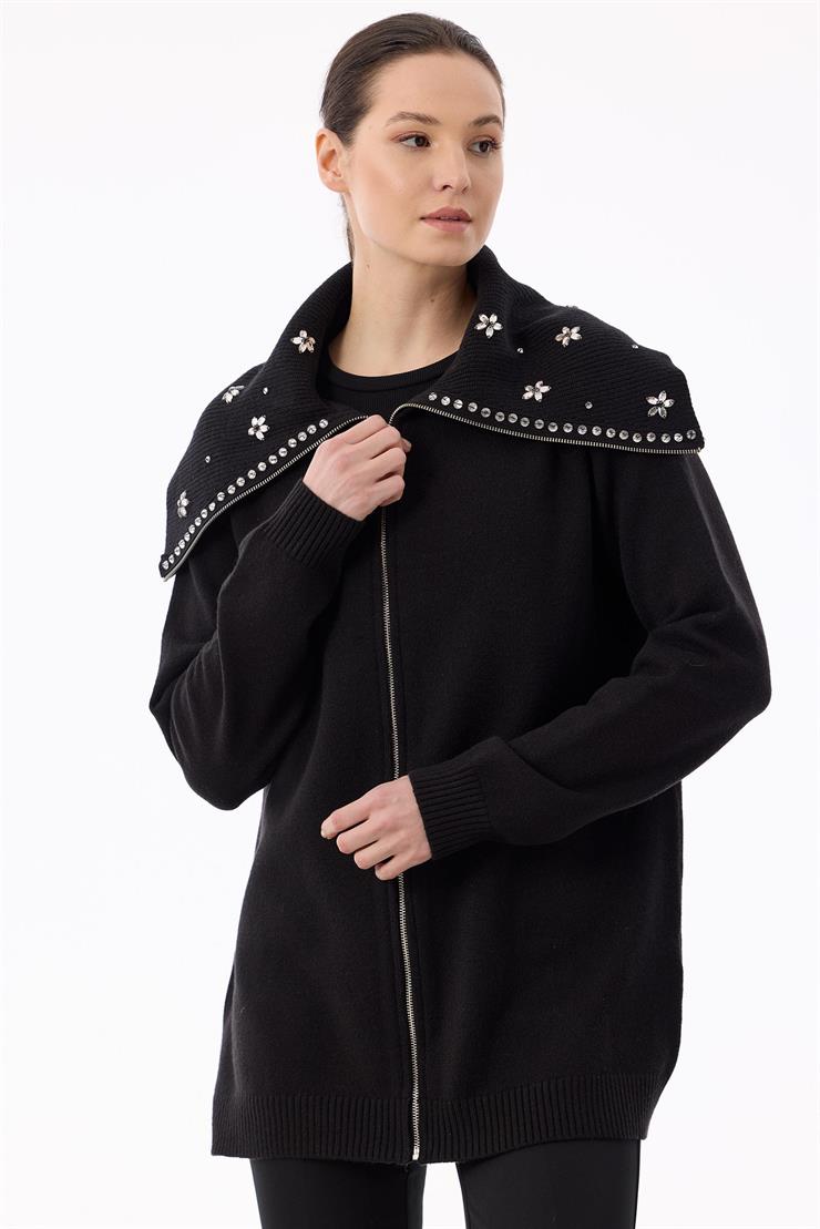 Denizci Yaka Önden Fermuarlı Dikme Taşlı Hırka SİYAH