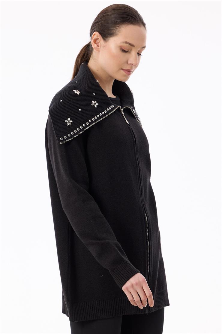 Denizci Yaka Önden Fermuarlı Dikme Taşlı Hırka SİYAH