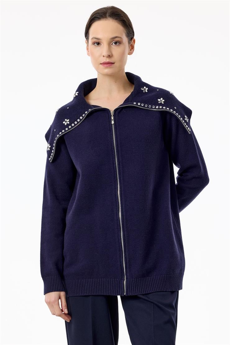 Denizci Yaka Önden Fermuarlı Dikme Taşlı Hırka LACİVERT