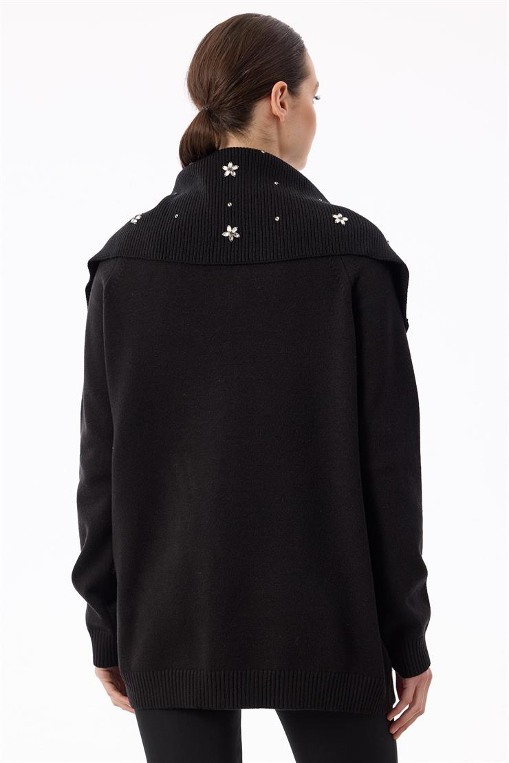Denizci Yaka Önden Fermuarlı Dikme Taşlı Hırka SİYAH