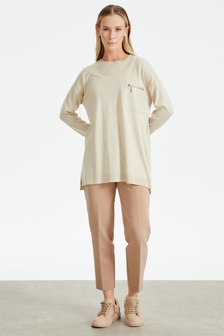 Deri Cep Detaylı Triko Tunik BEJ