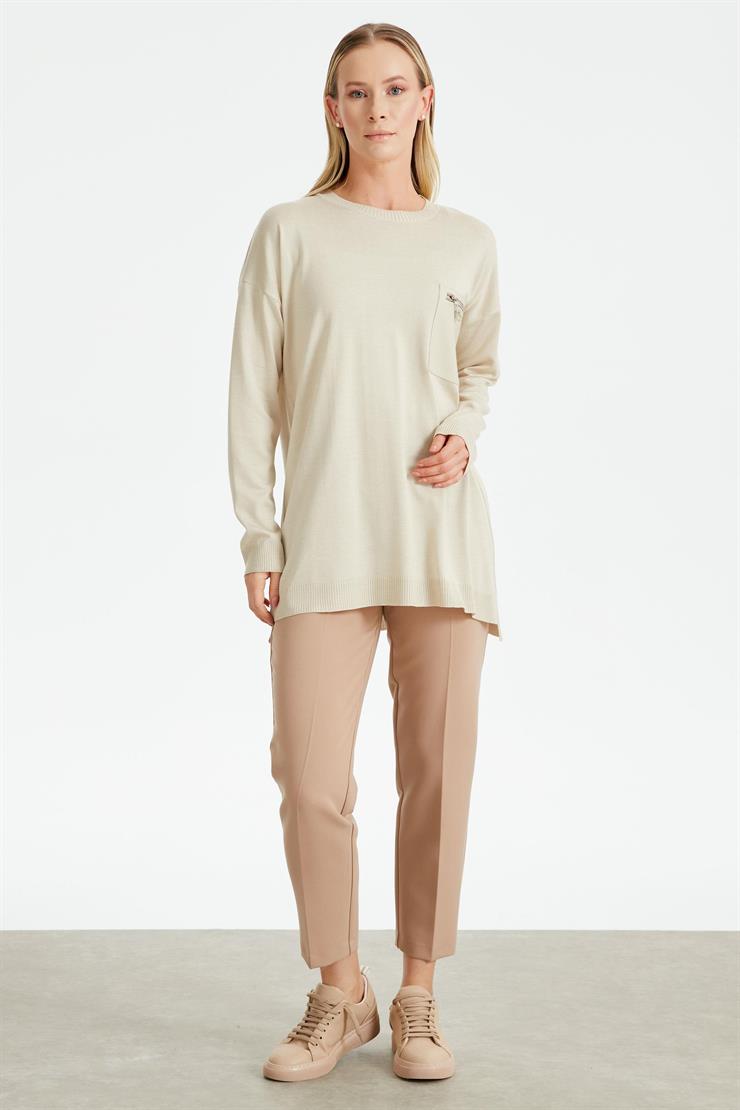 Deri Cep Detaylı Triko Tunik BEJ