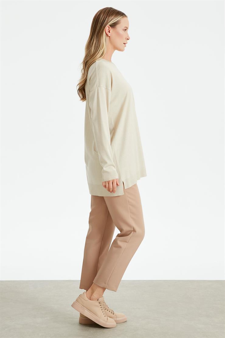 Deri Cep Detaylı Triko Tunik BEJ