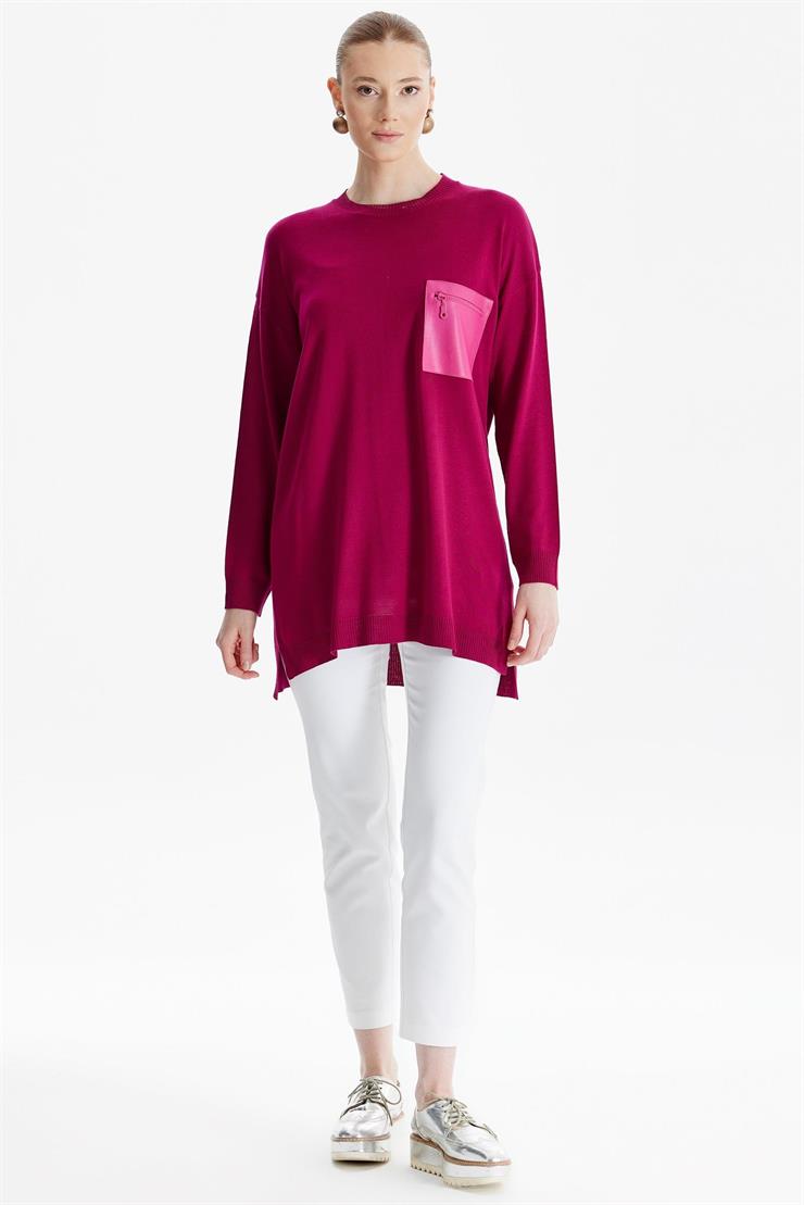 Deri Cep Detaylı Triko Tunik FUŞYA