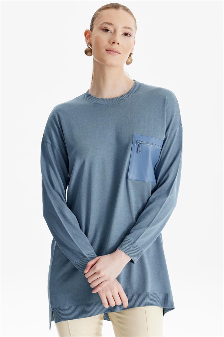 Deri Cep Detaylı Triko Tunik GRİ MAVİ