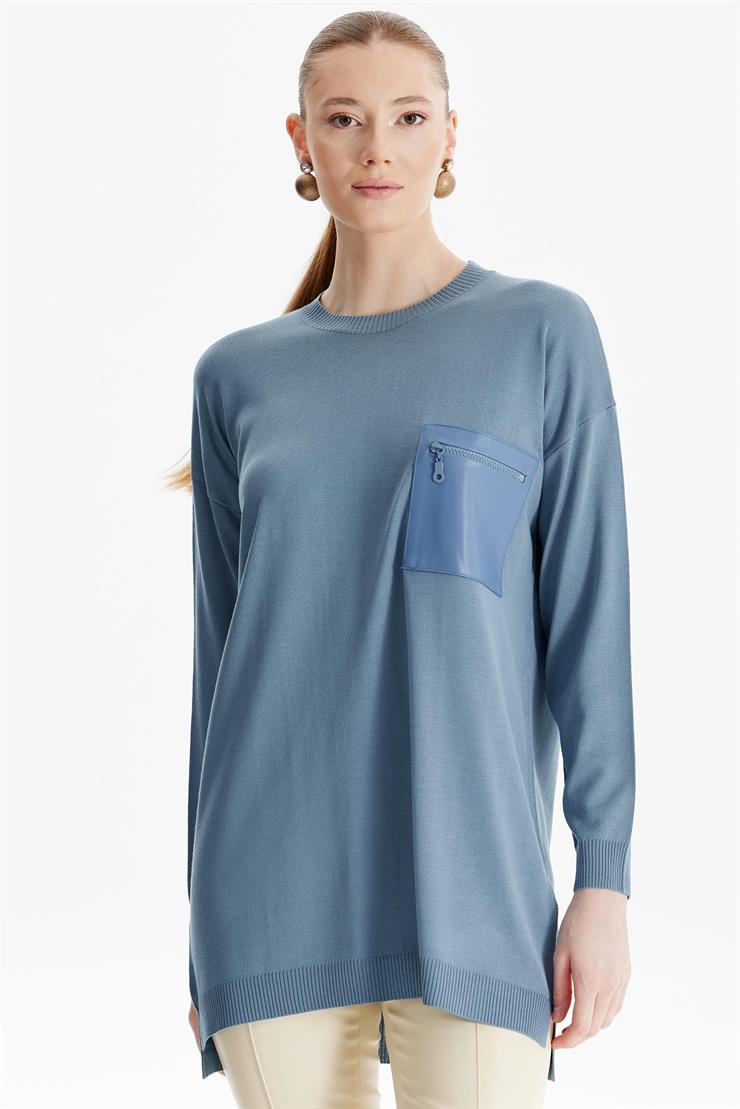 Deri Cep Detaylı Triko Tunik GRİ MAVİ