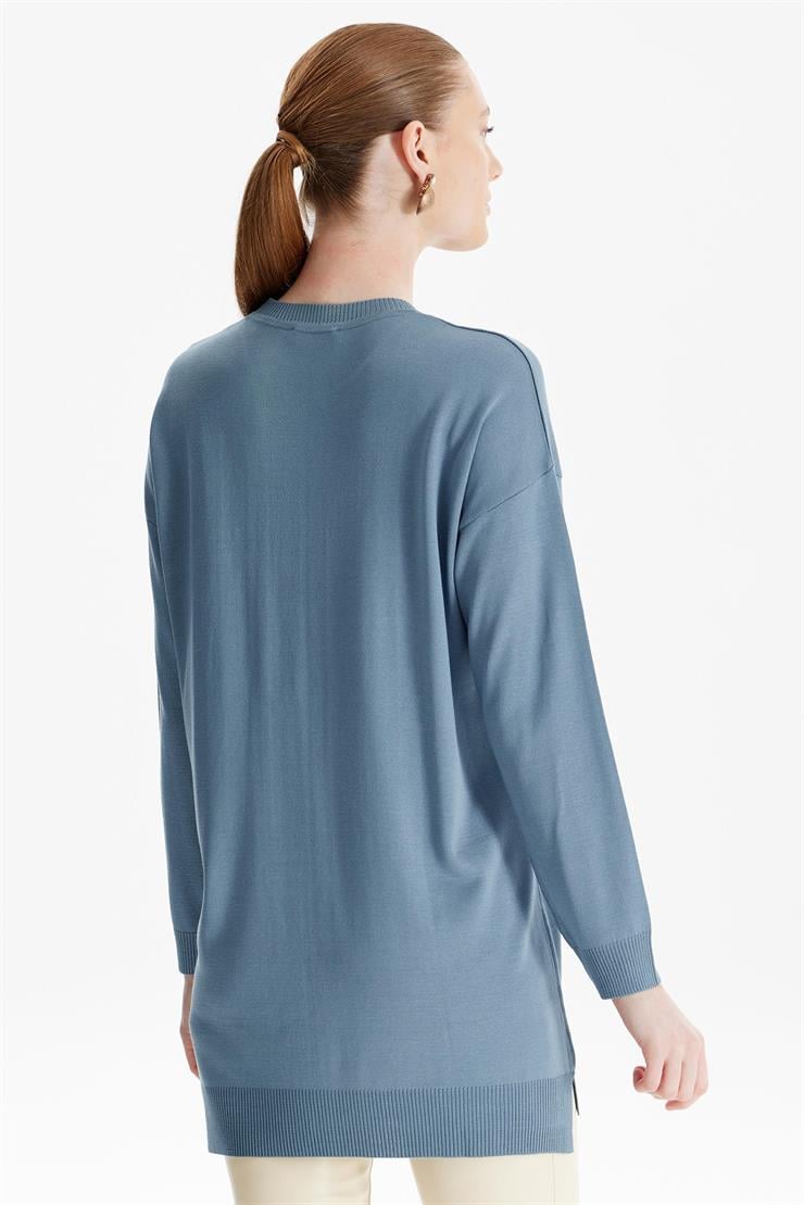 Deri Cep Detaylı Triko Tunik GRİ MAVİ